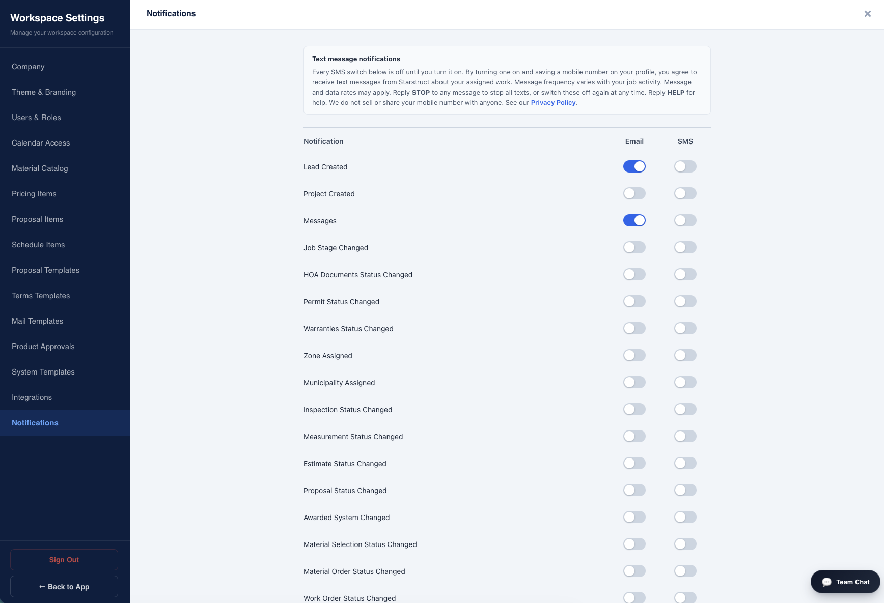 Starstruct Settings, Notifications tab, showing the consent notice above a list of notification types with the SMS toggles switched off by default